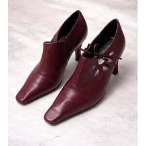 Vintage Burgundy Leather Kitten Heel Square Toe Lace-Up Cutout Heels Y2K Size 10